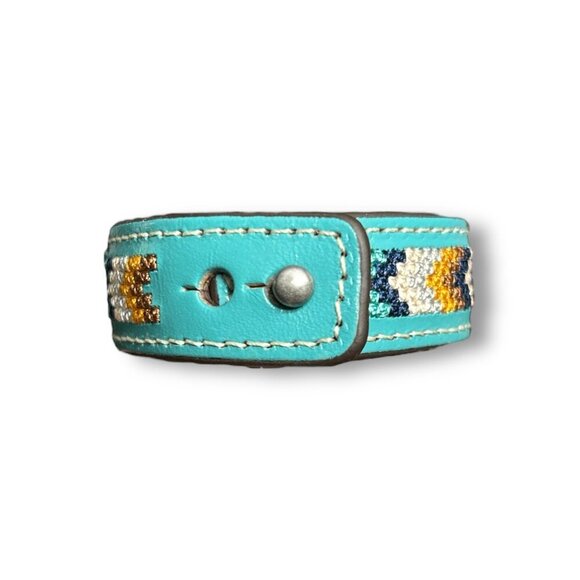 Justin Genuine Leather Cuff Bracelet Turquoise Multicolor Embroidered Aztec West - Picture 3 of 5